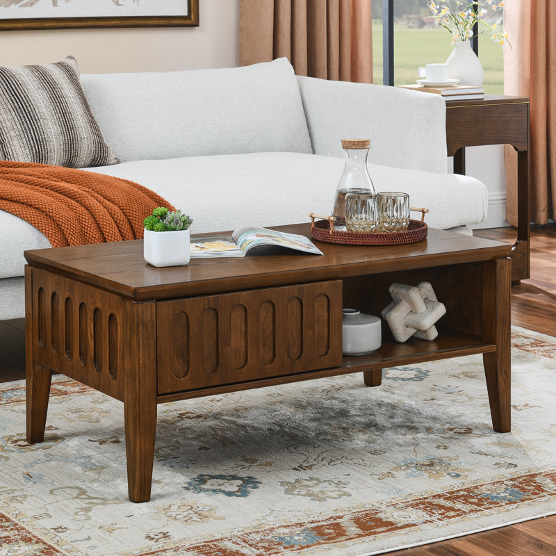 Mid Century Modern Fluted Coffee Table With Storage Sliding Door And Solid Wood Leg Walnut